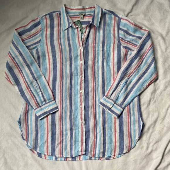 LL Bean Premium Striped Pool Blue Linen Button Down Shirt New - Picture 4 of 10